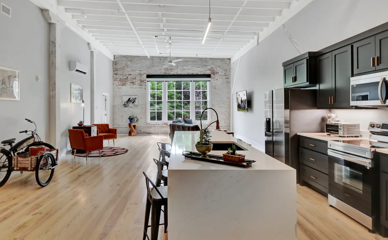 Open loft-style living space at downtown Hot Springs accommodations