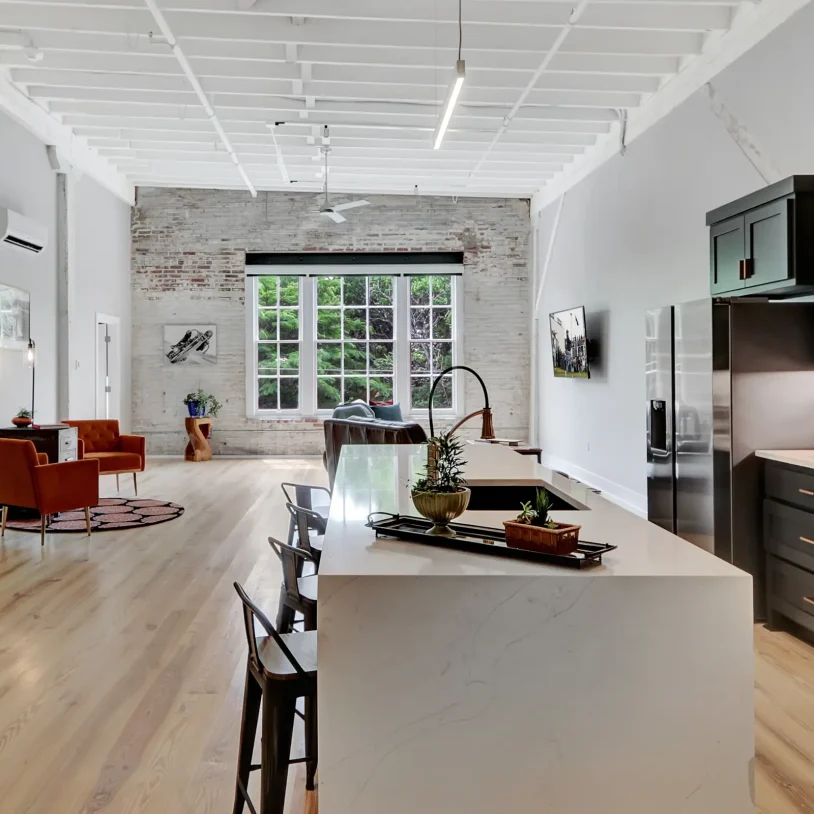 Open loft-style living space at downtown Hot Springs accommodations