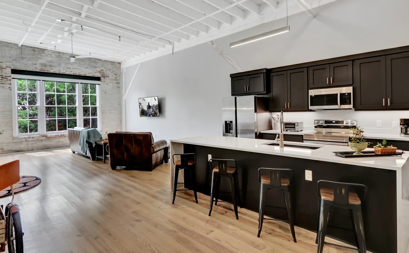 Spacious kitchen and living area at boutique hotel in Hot Springs Arkansas