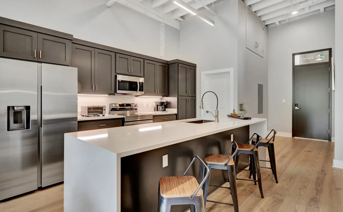 Boutique hotel kitchen with stainless appliances in Hot Springs Arkansas