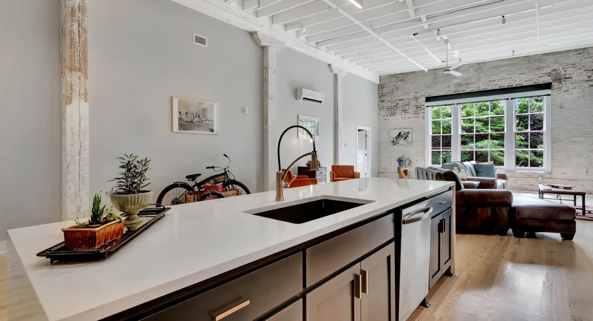 Stylish kitchen island and bright living space at boutique hotel in Hot Springs Arkansas
