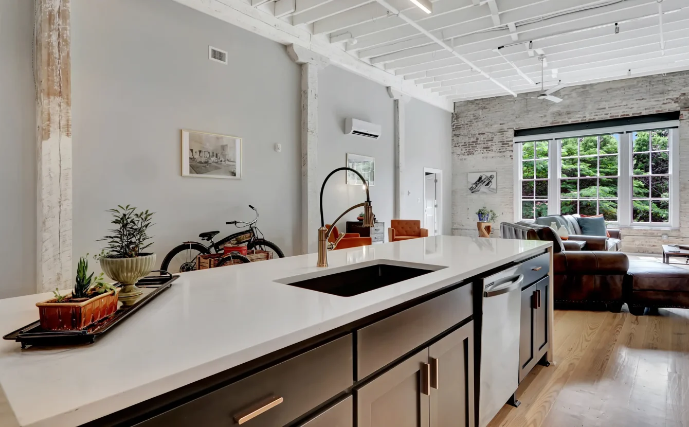 Stylish kitchen island and bright living space at boutique hotel in Hot Springs Arkansas
