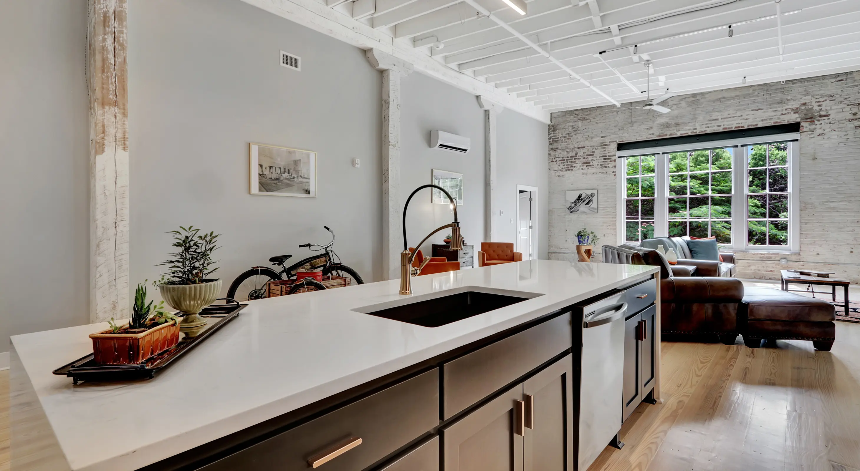 Stylish kitchen island and bright living space at boutique hotel in Hot Springs Arkansas