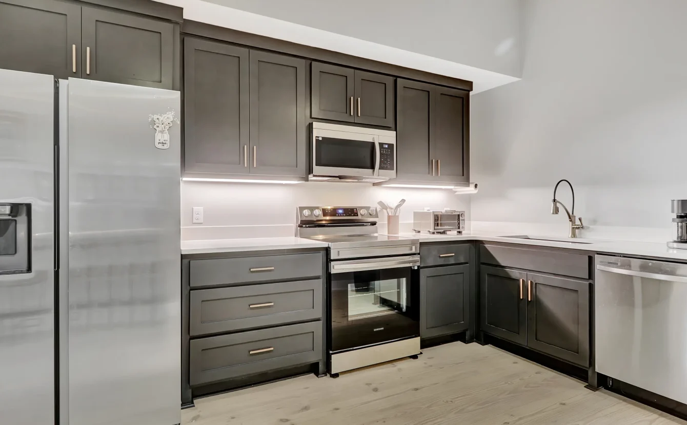 Modern kitchen inside a Hot Springs vacation rental, featuring stainless steel appliances, dark cabinetry, and quartz countertops