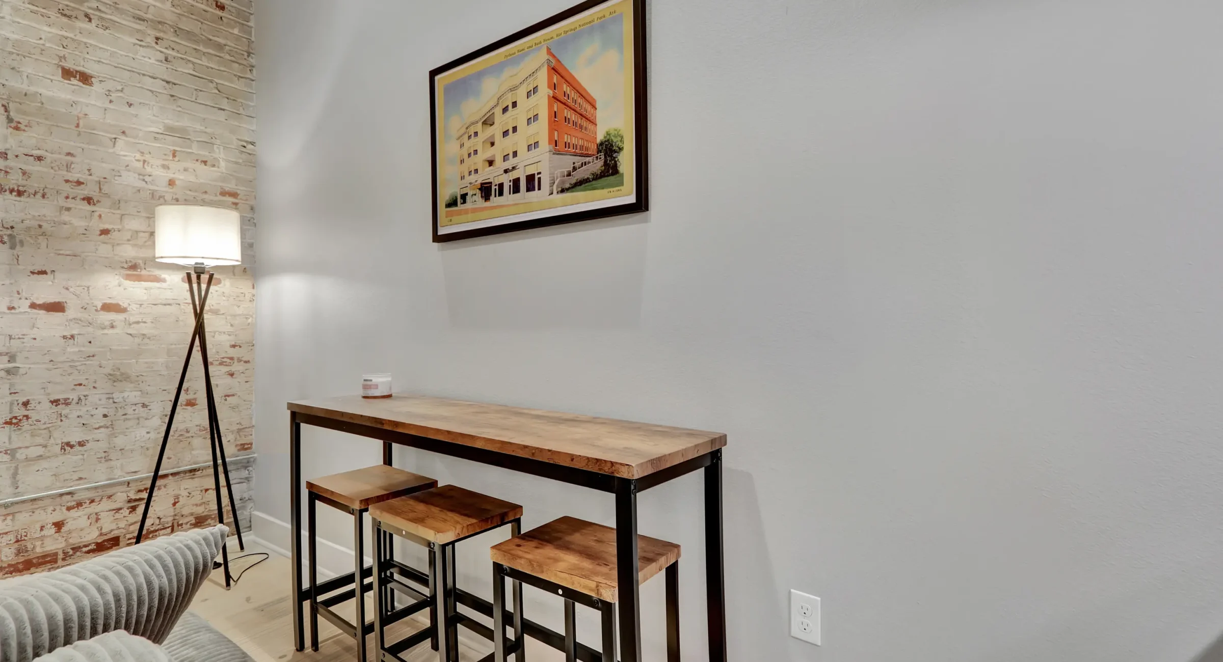 High-top dining table inside boutique hotel lodging in downtown Hot Springs Arkansas