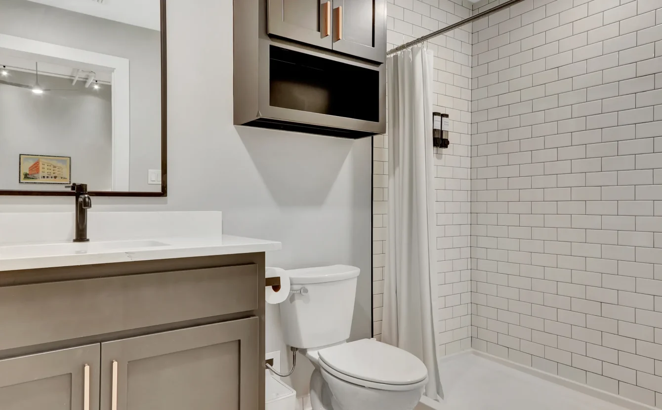 Modern bathroom vanity in boutique hotel accommodations in downtown Hot Springs Arkansas