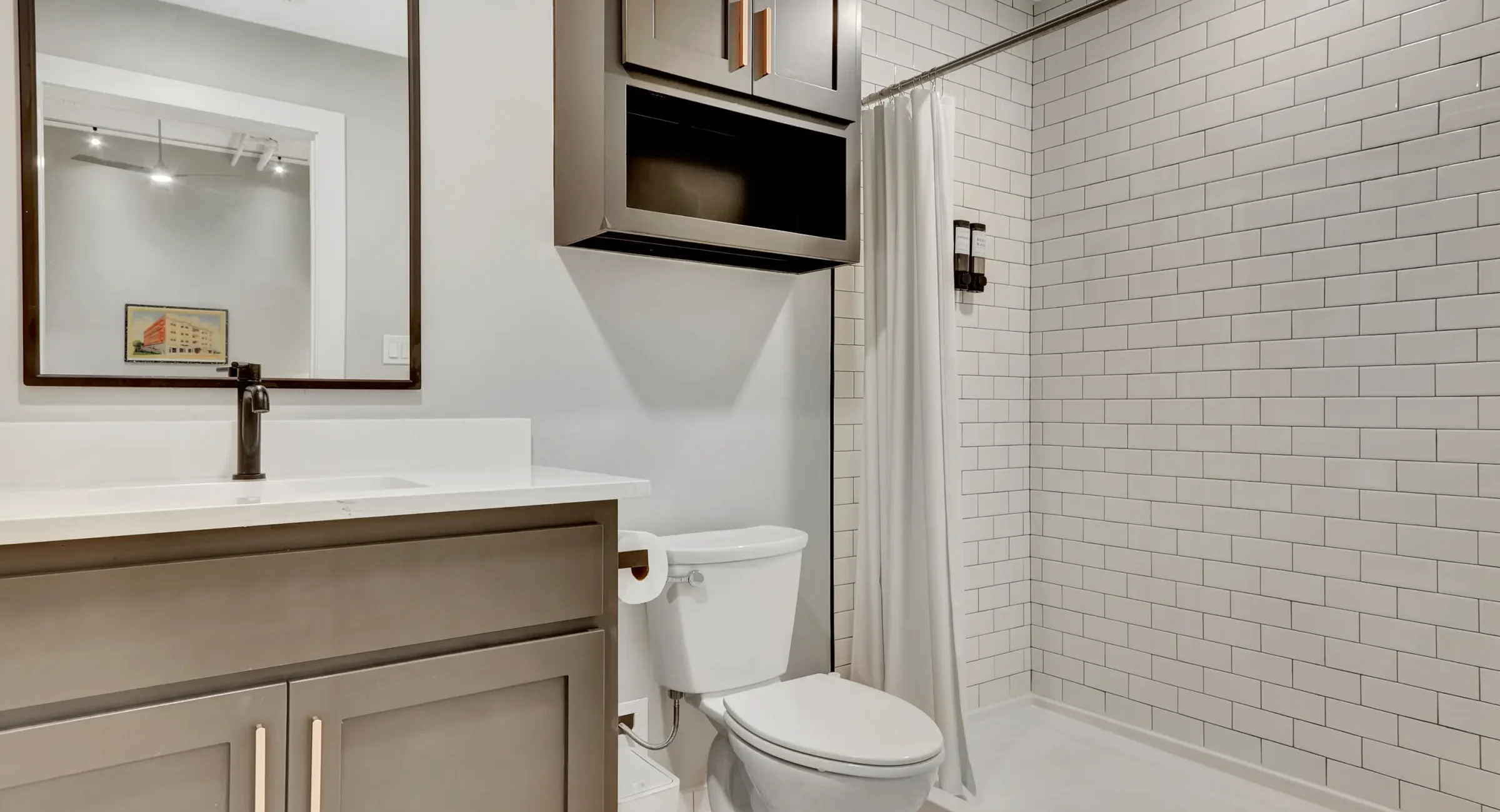 Modern bathroom vanity in boutique hotel accommodations in downtown Hot Springs Arkansas