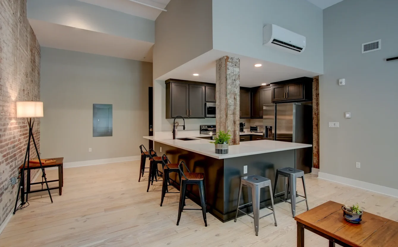 Open-concept kitchen with island seating in downtown Hot Springs Arkansas
