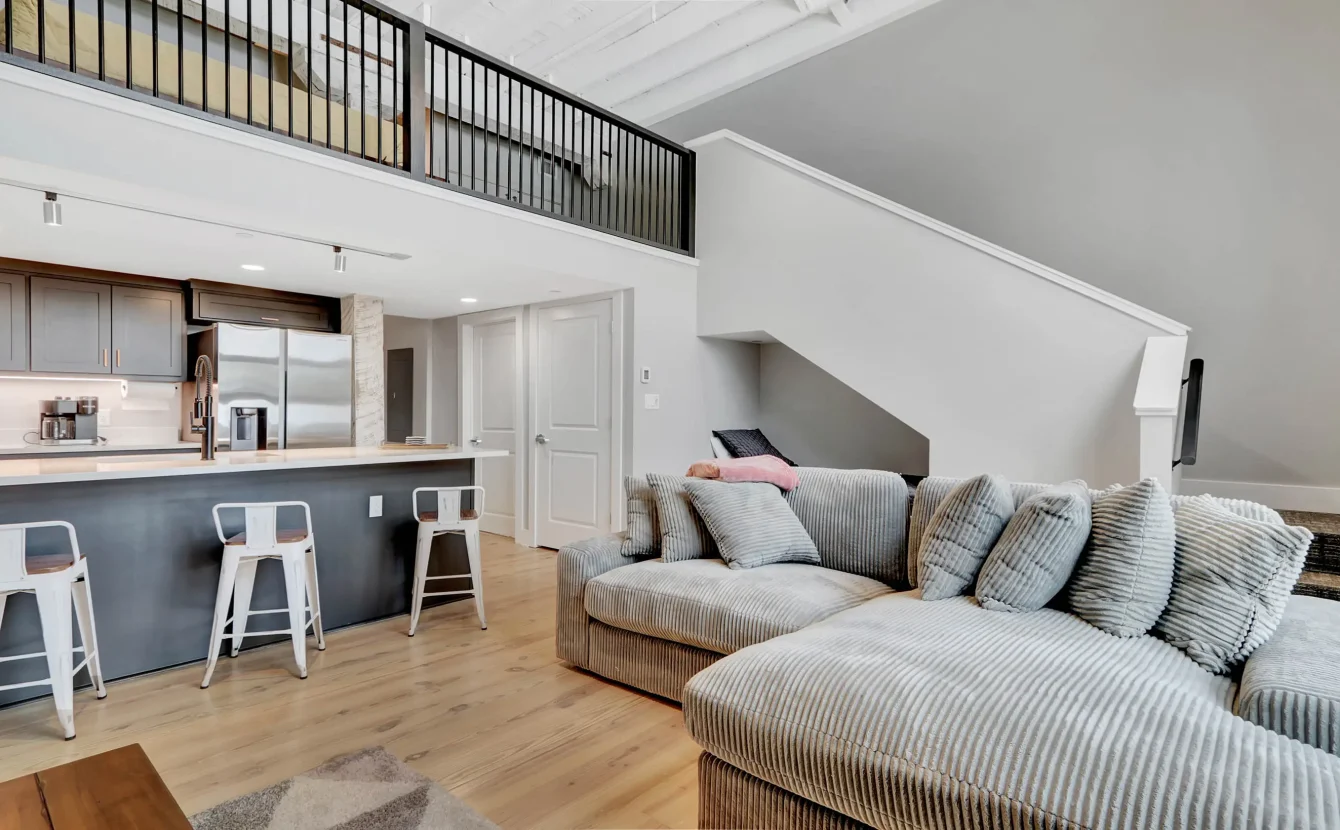Open-concept living room and kitchen in downtown Hot Springs vacation rental