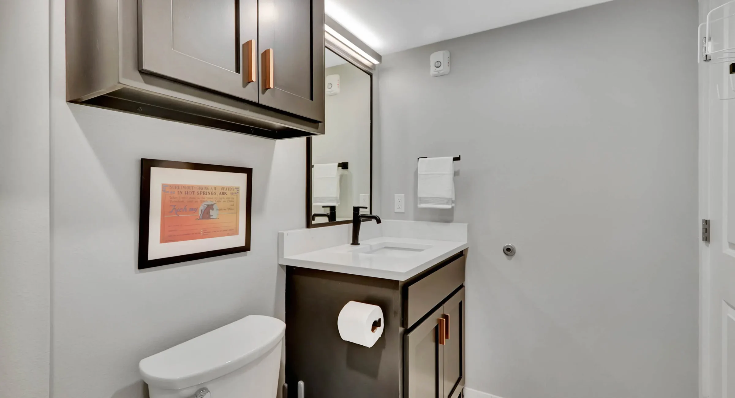 Modern bathroom vanity with walk-in shower in downtown Hot Springs loft