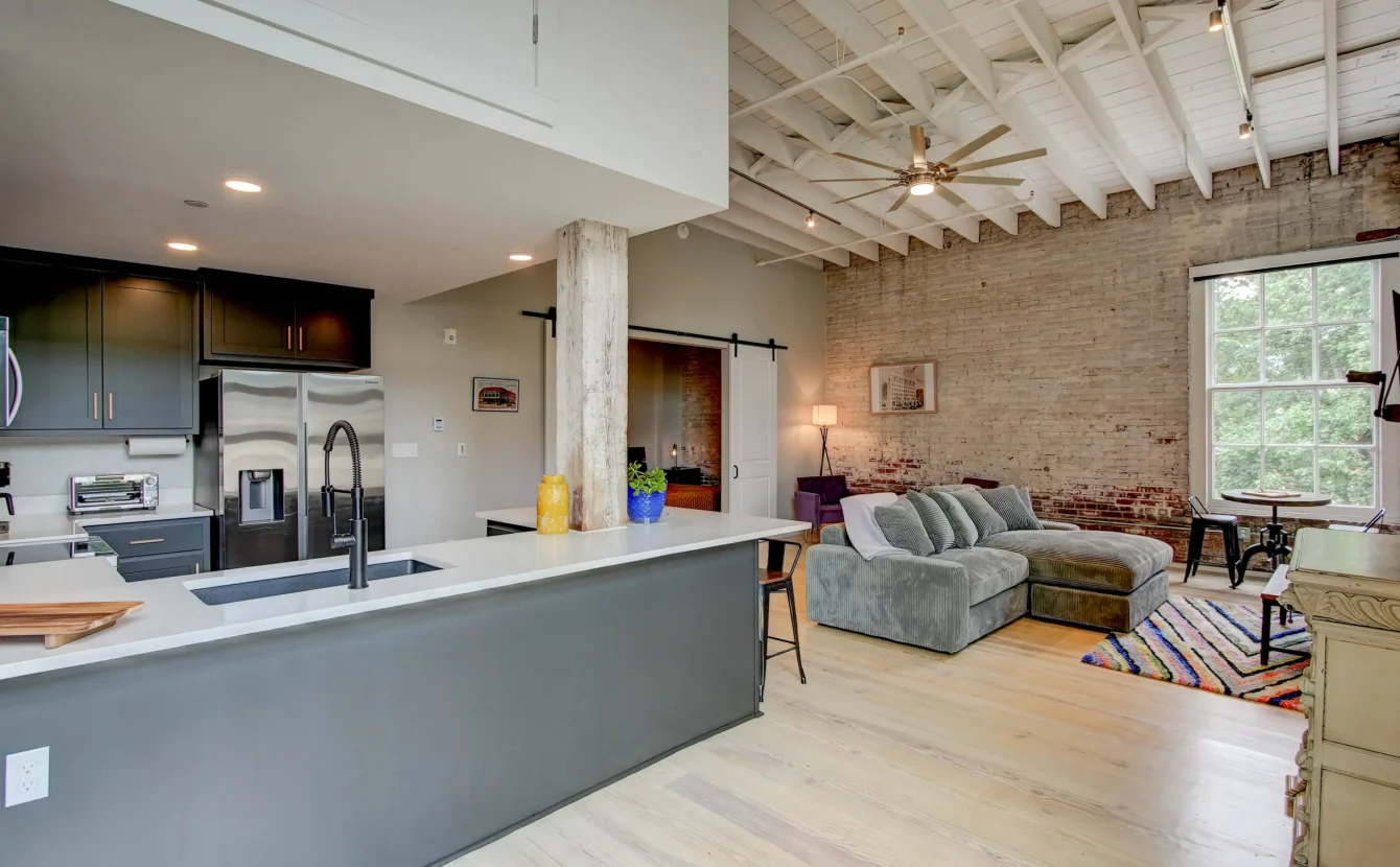 Open kitchen and living space in downtown Hot Springs loft rental