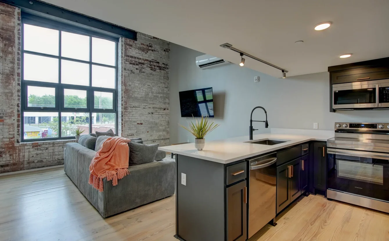 Open-concept kitchen and living area in historic Hot Springs loft